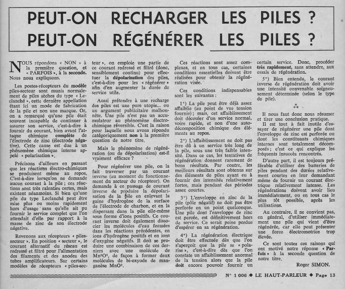 Régénération piles